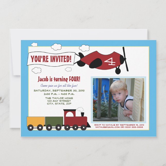 Planes & Trains Birthday Party Invite (blue) (Front)