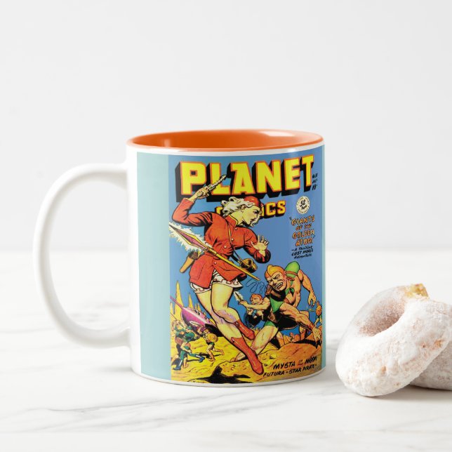 PLANET COMICS ILLUSTRATION FROM THE 1950's Two-Tone Coffee Mug (With Donut)