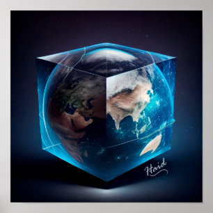 Planet Earth in the shape of a cube - AI Poster