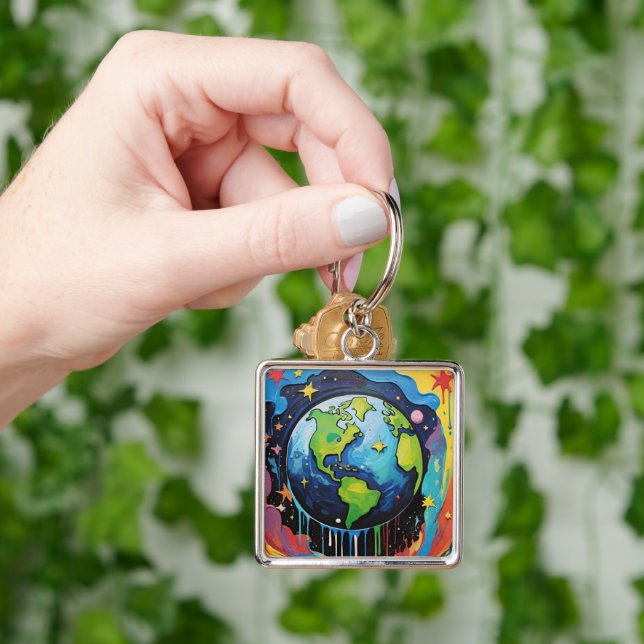 Planet Earth paint drip Keychain (Hand)