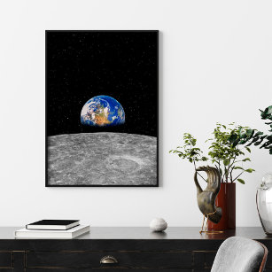 Planet earth rising over Moon Poster