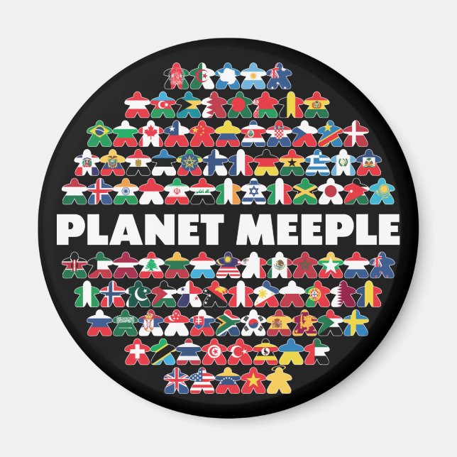 Planet Meeple, White Text Round Magnet (Front)