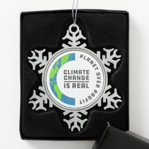 Planet Over Profit Global Warming Climate Change Snowflake Pewter Christmas Ornament