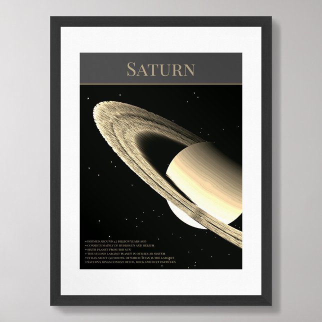 Planet Saturn with rings and facts black poster (Creator Uploaded)