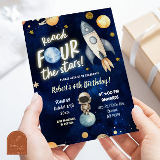 Planet Space Boy Reach Four The Stars 4th Birthday Invitation
