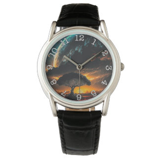 Planet Tree- Crown Protector Black Leather Watch
