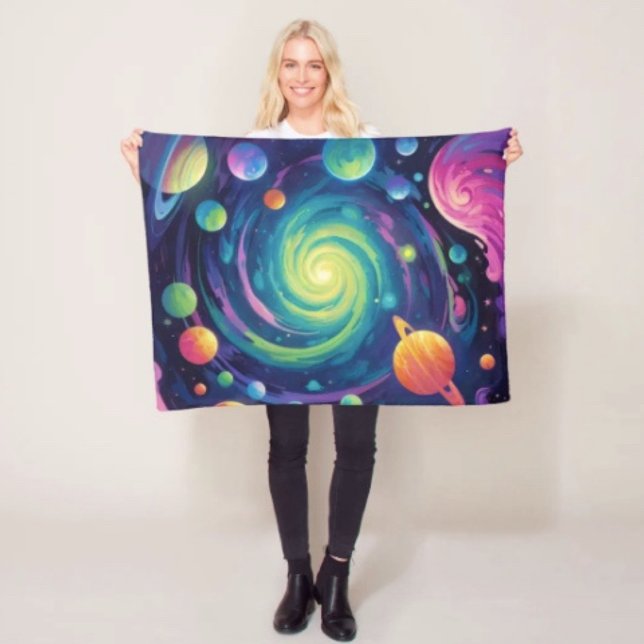 Planetary Spin Fleece Blanket (Neon Galaxy Space Fleece Blanket – Cosmic Spiral Planets Throw Cozy Trippy Nebula Bed Sofa Gift)