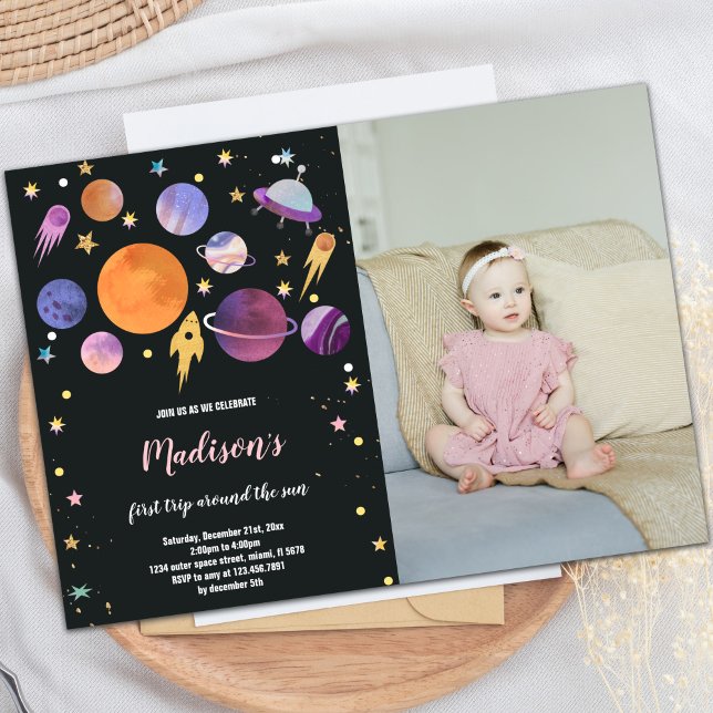 Planets and Rocket Ship Birthday Invitation (Planets Rocket Ship Astronaut Invitations w photo)