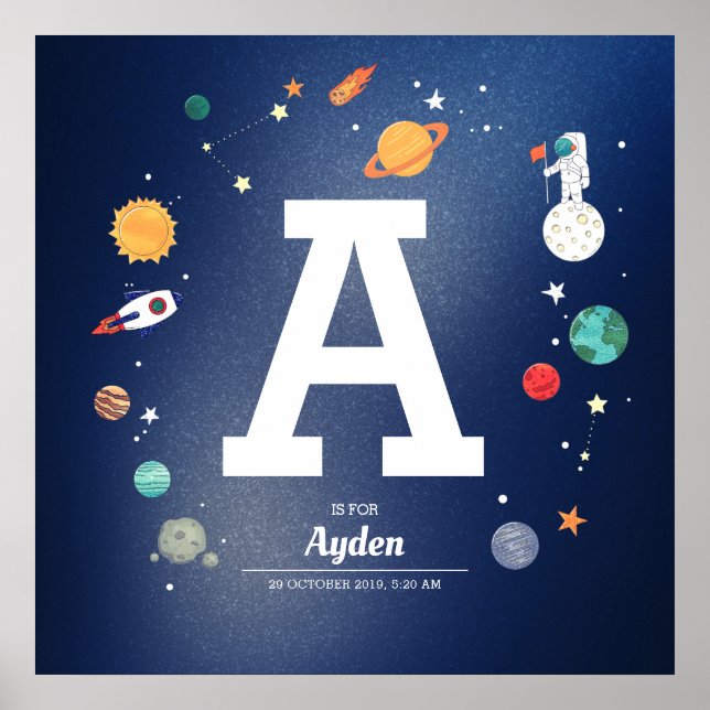 Planets and Universe Space Baby Boy Name Monogram Poster (Front)