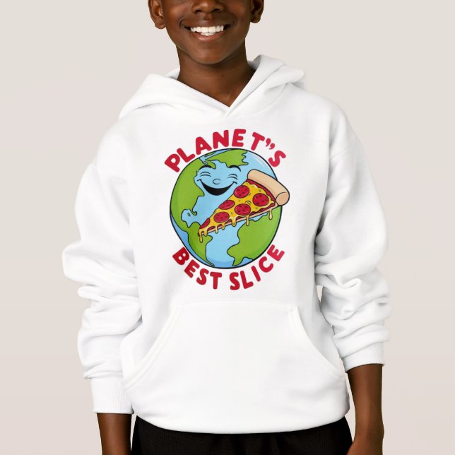 "Planet's Best Slice: Earth with Pizza T-shirt (Front)