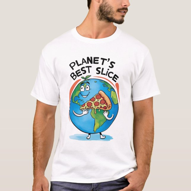"Planet's Best Slice: Earth with Pizza T-shirt" T-Shirt (Front)