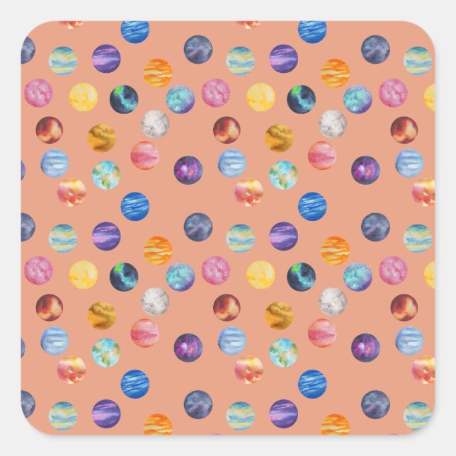 Planets in watercolor drawing pattern - orange square sticker (Front)