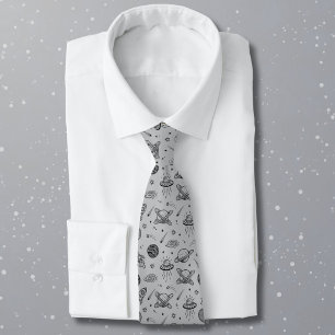 Planets rockets grey doodle space tie