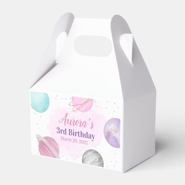 Planets Space Pink Birthday Favour Box Gable Box  (Front Side)