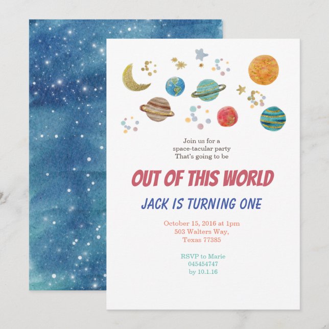 Planets Watercolor BIrthday Party Invitation (Front/Back)