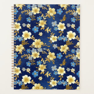 Planificateur de chiyogami floral bleu foncé et or