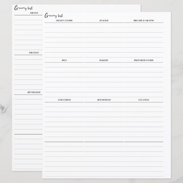 Planificateur de liste d'épicerie Insérer des page (Devant / Derrière)