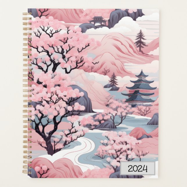 Planificateur de paysage japonais rose et gris (Devant)