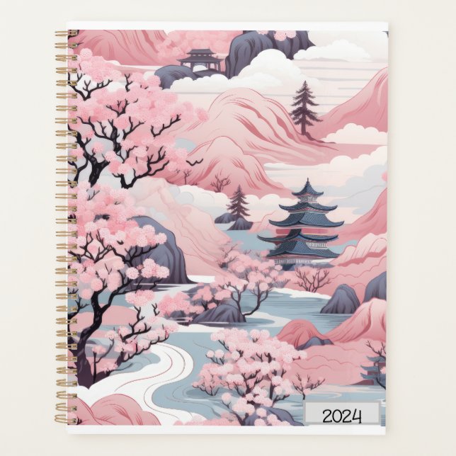 Planificateur de paysage japonais rose et gris (Devant)
