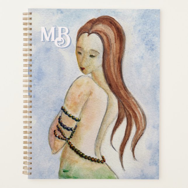 Planificateur de sirène d'aquarelle Monogramme (Devant)