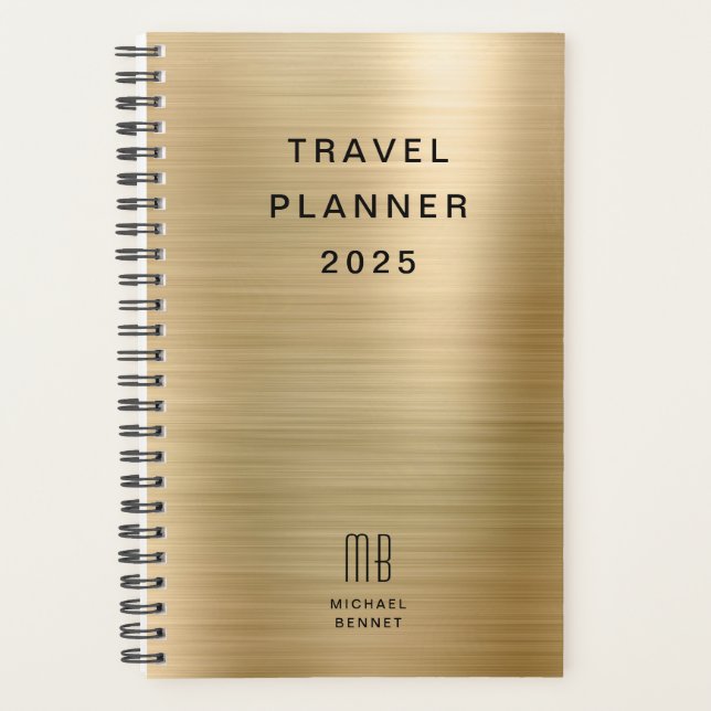 Planificateur de voyage élégant monogramme or faux (Devant)