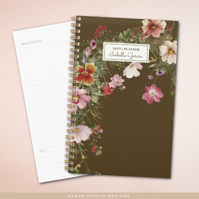 Planificateur Fleur sauvage personnalisé (The front of small planner is shown, and a sample of an inside page. Choose small or standard size.)