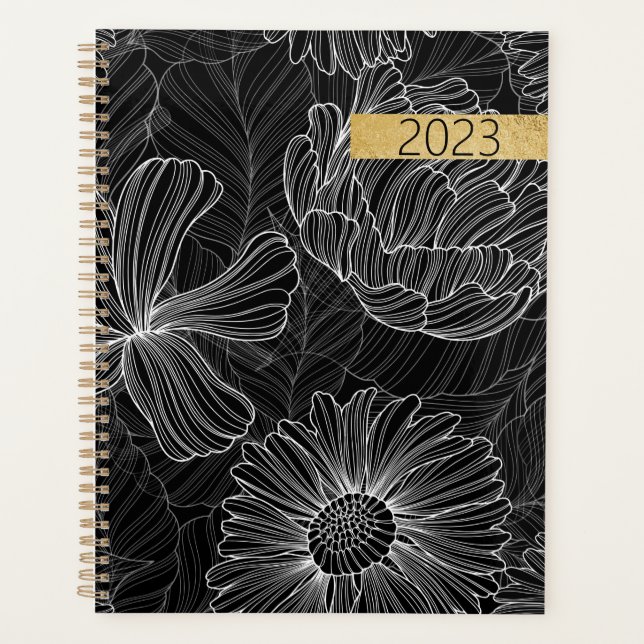 Planificateur floral noir et blanc moderne (Devant)