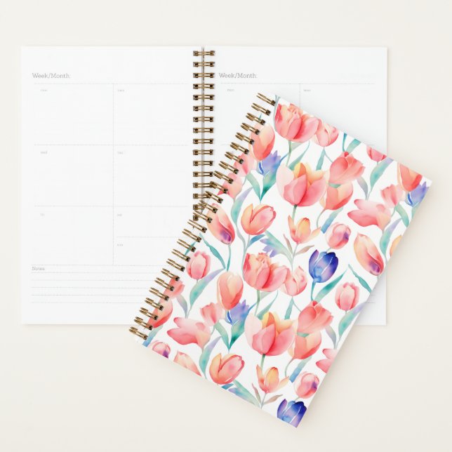 Planificateur Motif de tulipes d'aquarelle (Devant avec enveloppe)