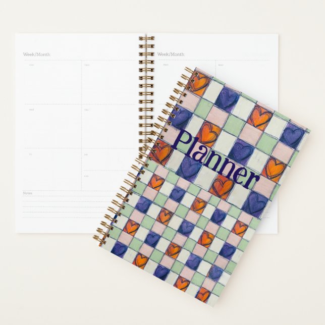Planner blue orange green heart gingham (Display)