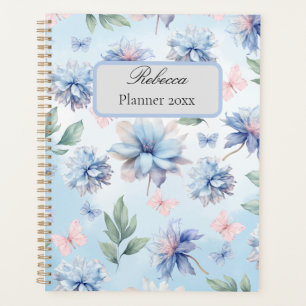 Planner de fleurs bleues et papillons roses
