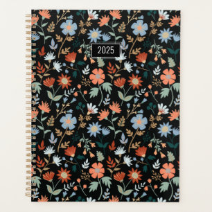 Planner Fleurs Élégantes Noir Orange Bleu Floral
