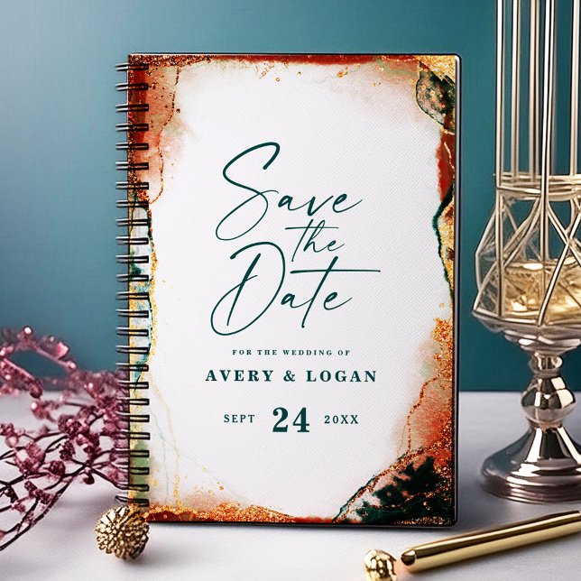 Plans de mariage automnal en sarcelle foncée éthér (Teal and Copper Abstract Wedding Save the Date)