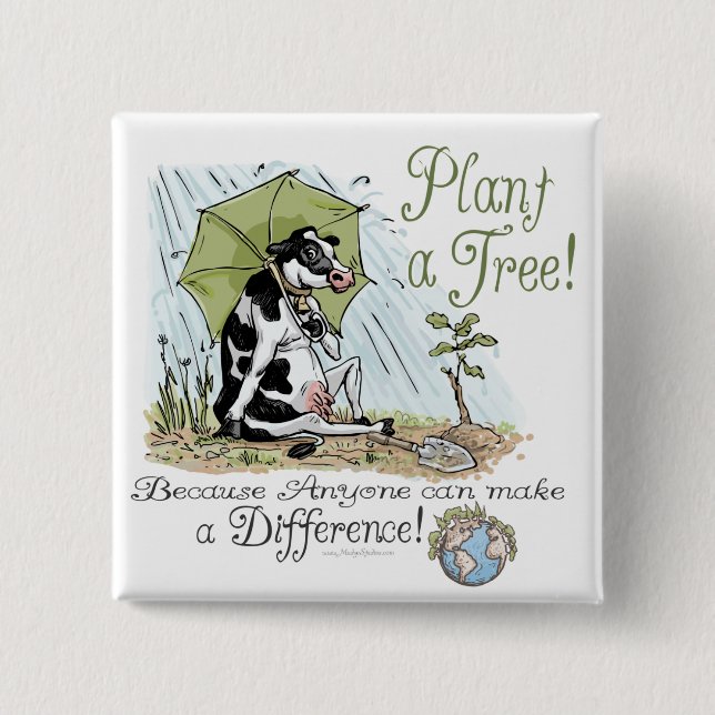 Plant a Tree Earth Day Cow Gear 2 Inch Square Button (Front)