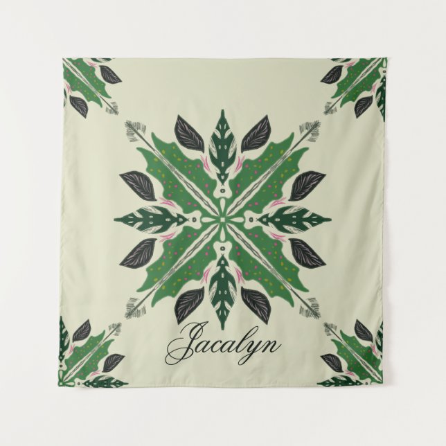 Plant Botanical Greenery Boho Green Mandala Name Tapestry (Front)