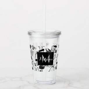 Plant Cactus Doodles Hand Drawn Name Monogram Acrylic Tumbler
