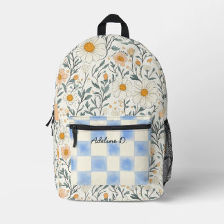 Plant Kindness Daisy and Blue Chequered Printed Backpack