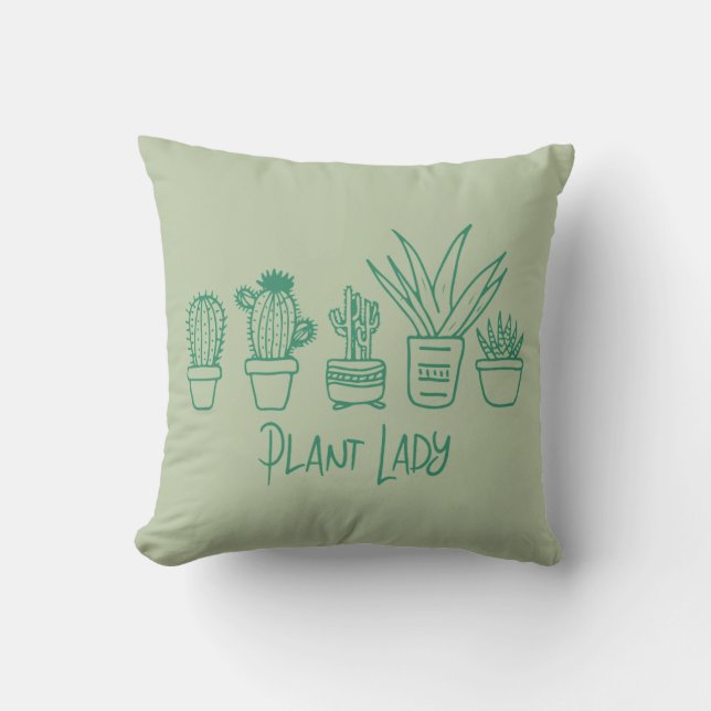 Plant Lady Cactus Succulent Gardening in Green Throw Pillow (Front)
