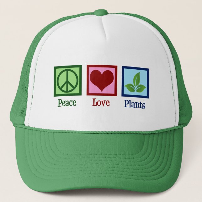 Plant Nursery Peace Love Plants Cute Green Trucker Hat (Front)