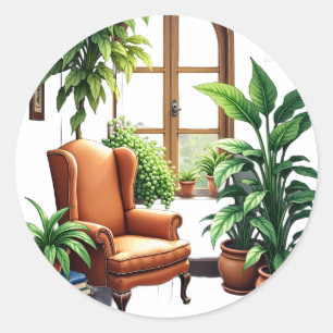 Plant Parents Reading Nook Cozy Garden Watercolor  Classic Round Sticker
