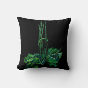 Plantain, floral art green & black summer greenery throw pillow