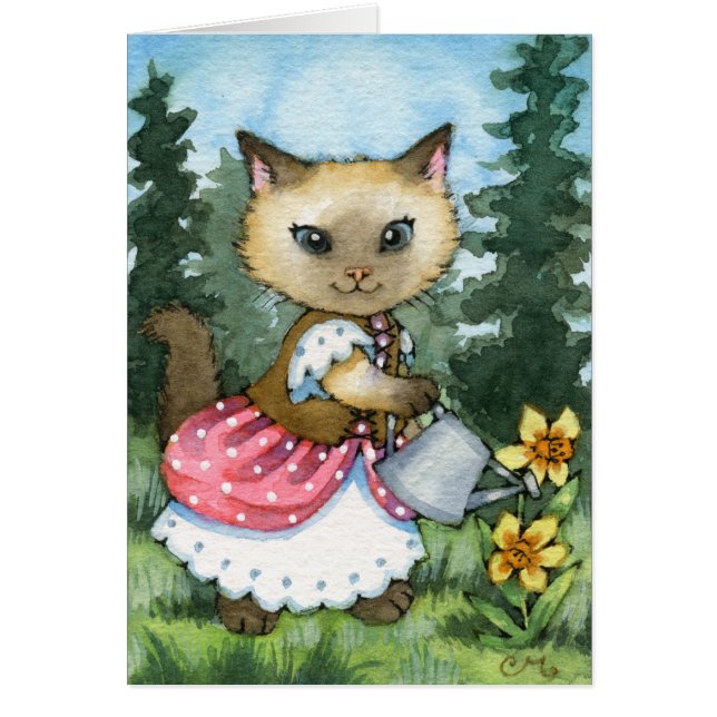 Plantant des jonquilles - carte mignonne de chat (Devant)