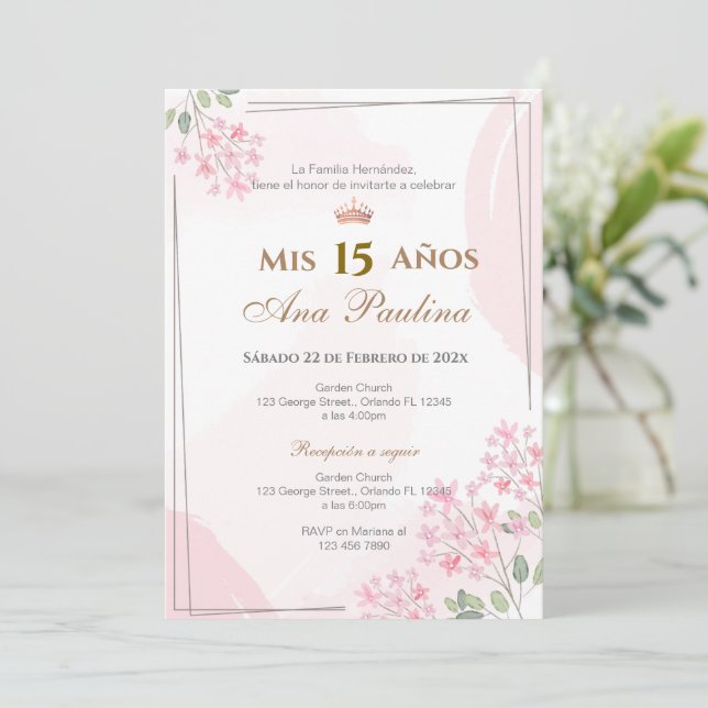 Plante rose Quinceañera Espagnol Invitation (Debout devant)