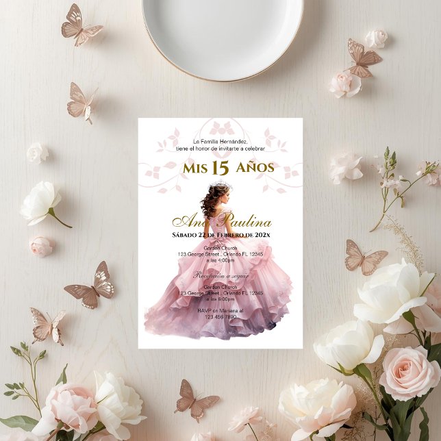 Plante rose Quinceañera Espagnol Invitation (Créateur téléchargé)