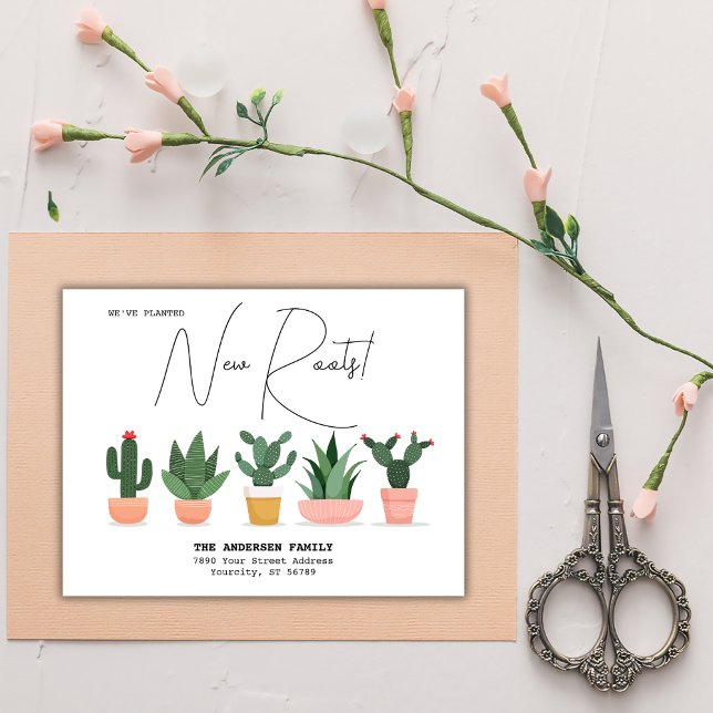 Planted New Roots Address Cactus Watercolor Moving Announcement Postcard (We have planted new roots, New Home Address Announcement Postcard)