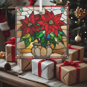 Planted Poinsettias Faux Stained Glass Ornament