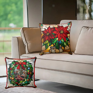 Planted Poinsettias Faux Stained Glass Throw Pillow