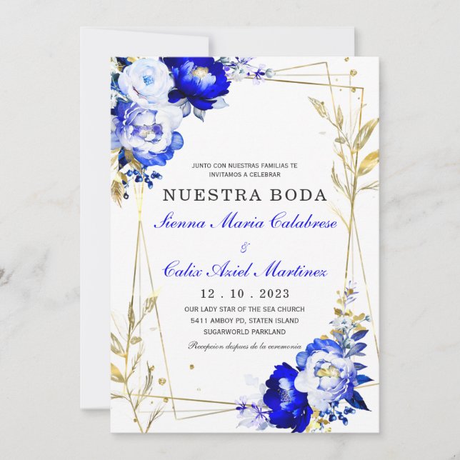 Plantilla de boda en azul real y dorado invitation (Front)