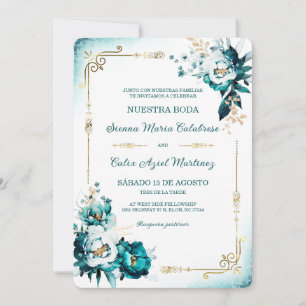 Plantilla de Boda Verde Azulado y Dorado Invitation