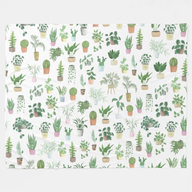 Plantita House Plants and Pots Pattern Fleece Blanket (Front (Horizontal))