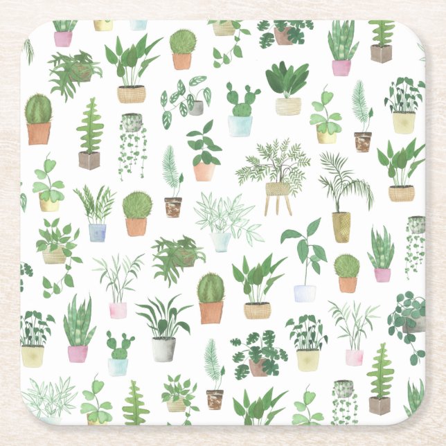 Plantita House Plants and Pots Pattern Square Paper Coaster (Front)
